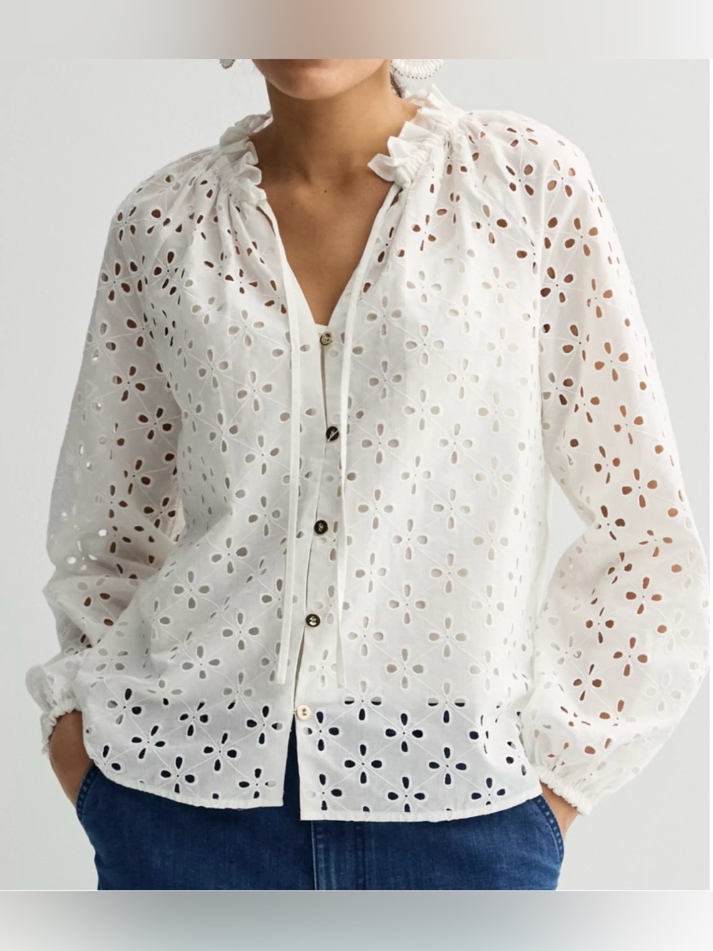 Eyelet Ruffle Neck Tie Front Balloon Sleeve Cottagecore Prairie Wmns XL *Unlined